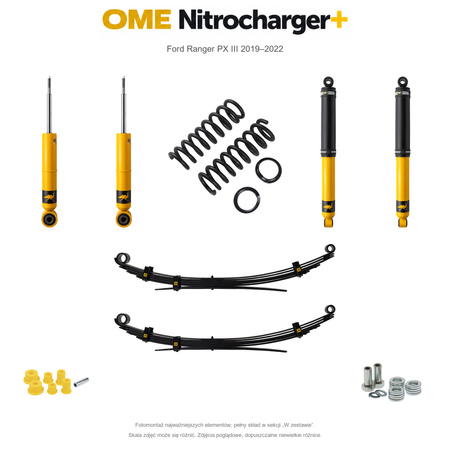 Zestaw zawieszenia OME Nitrocharger+ – Ford Ranger PX III 2019–2022, 45/40 mm, stałe 300 kg z tyłu, standardowe tłumienie przodu, mocniejsze tłumienie tyłu