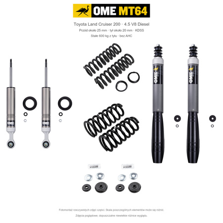 Zestaw OME MT64 – Toyota Land Cruiser 200 2007–2021 4.5 Diesel, przód 25/tył 20 mm, KDSS, stałe 600 kg z tyłu; przód standardowe; tył mocniejsze
