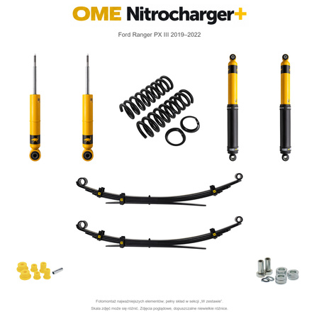 Zestaw zawieszenia OME Nitrocharger+ – Ford Ranger PX III 2019–2022, 30/40 mm, średnie obciążenie tyłu, standardowe tłumienie przodu, mocniejsze tłumienie tyłu