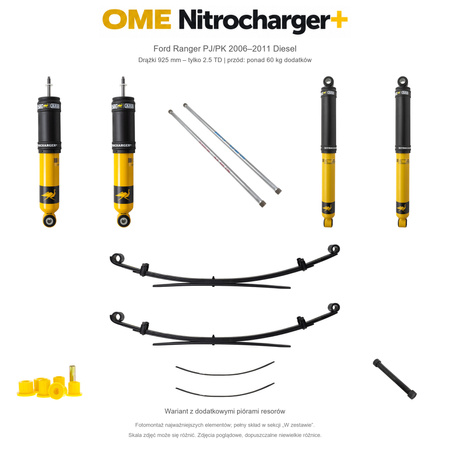 Zestaw zawieszenia OME Nitrocharger+ – Ford Ranger PJ/PK 2006–2011 Diesel, tył 20 mm, przód ponad 60 kg, drążki 925 mm, tylko 2.5 TD, średnie obciążenie tyłu, standardowe tłumienie tyłu, dodatkowe pióra