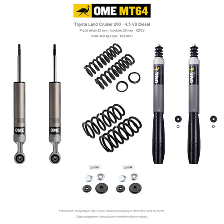 Zestaw OME MT64 – Toyota Land Cruiser 200 2007–2021 4.5 Diesel, przód 25/tył 20 mm, KDSS, stałe 400 kg z tyłu; przód mocniejsze; tył mocniejsze