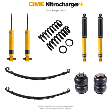 Zestaw zawieszenia OME Nitrocharger+ – Ford Ranger 2022+, lift 20/40 mm, stałe 600 kg z tyłu, resory paraboliczne z poduszkami, alternatywne amortyzatory przednie