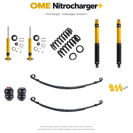 Zestaw zawieszenia OME Nitrocharger+ – Ford Ranger 2022+, lift 40 mm, stałe 300 kg z tyłu, resory paraboliczne z poduszkami, alternatywne amortyzatory przednie / Volkswagen Amarok II