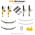 Zestaw zawieszenia OME Nitrocharger+ – Hilux Revo 2016–2025, 40/40 mm, dodatkowe obciążenie przodu, wzmocniony tył Medium, z dodatkowym piórem, mocniejsze tłumienie przodu – bez dystansu przewodów hamulcowych