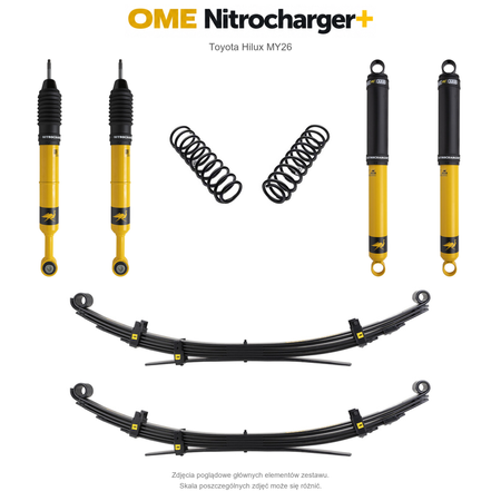 Zawieszenie OME Nitrocharger+ Toyota Hilux Travo MY26 20/50 mm – stałe 300 kg z tyłu, bez osprzętu lub lekki zderzak, wielopiórowe / mocniejsze tłumienie tyłu