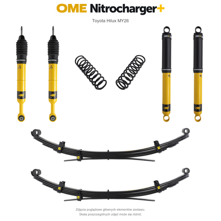 Zawieszenie OME Nitrocharger+ Toyota Hilux Travo MY26 20/50 mm – stałe 300 kg z tyłu, bez osprzętu lub lekki zderzak, wielopiórowe / mocniejsze tłumienie przodu