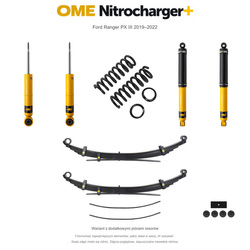 Zestaw zawieszenia OME Nitrocharger+ – Ford Ranger PX III 2019–2022, przód 45 mm, tył z dodatkowymi piórami, stałe 600 kg z tyłu, mocniejsze tłumienie przodu, standardowe tłumienie tyłu