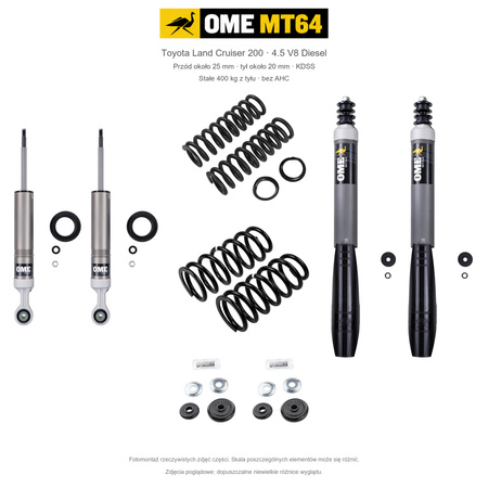 Zestaw OME MT64 – Toyota Land Cruiser 200 2007–2021 4.5 Diesel, przód 25/tył 20 mm, KDSS, stałe 400 kg z tyłu; przód standardowe; tył mocniejsze