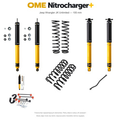 Zestaw zawieszenia OME Nitrocharger+ – Jeep Wrangler JK Unlimited V6 benzynowy 2006–2017 RHD, 100 mm, stałe 300 kg z tyłu, dłuższe amortyzatory przodu, terenowy