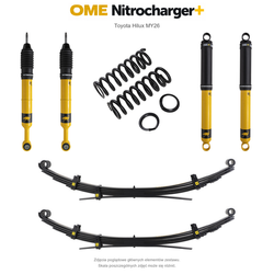 Zawieszenie OME Nitrocharger+ Toyota Hilux Travo MY26 20–40/50 mm – stałe 300 kg z tyłu, wielopiórowe – bez dystansu przewodów hamulcowych
