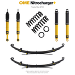 Zawieszenie OME Nitrocharger+ Toyota Hilux Travo MY26 40/50 mm – stałe 300 kg z tyłu, stalowy zderzak, także z wyciągarką, wielopiórowe / mocniejsze tłumienie tyłu – bez dystansu przewodów hamulcowych