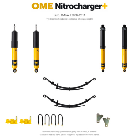 Zestaw zawieszenia OME Nitrocharger+ – Isuzu D-Max I 2008–2011, 30–50 mm, średnie obciążenie tyłu, fabryczne drążki przodu, fabryczne wieszaki