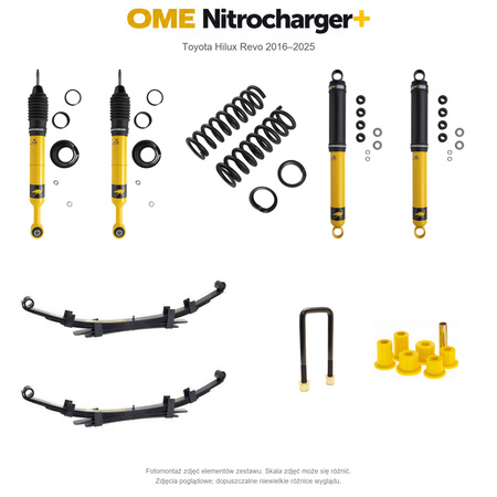 Zestaw zawieszenia OME Nitrocharger+ – Hilux Revo 2016–2025, 40/40 mm, dodatkowe obciążenie przodu, stałe 600 kg z tyłu, wielopiórowe, mocniejsze tłumienie przodu