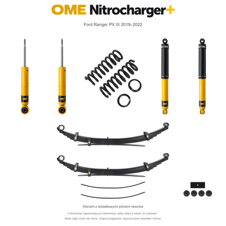 Zestaw zawieszenia OME Nitrocharger+ – Ford Ranger PX III 2019–2022, przód 45 mm, tył z dodatkowymi piórami, stałe 600 kg z tyłu, standardowe tłumienie przodu, standardowe tłumienie tyłu
