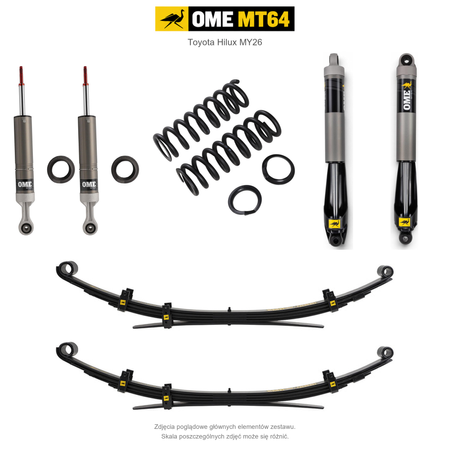 Zawieszenie OME MT64 Toyota Hilux Travo MY26 40/50 mm – średnie obciążenie tyłu, przód bez osprzętu lub ze zderzakiem, wielopiórowe / mocniejsze tłumienie przodu