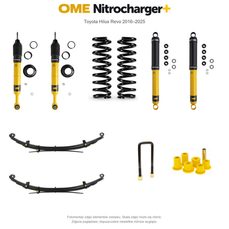Zestaw zawieszenia OME Nitrocharger+ – Hilux Revo 2016–2025, 40/40 mm, duże dodatkowe obciążenie przodu, stałe 300 kg z tyłu, wielopiórowe, mocniejsze tłumienie przodu, mocniejsze tłumienie tyłu – bez dystansu przewodów hamulcowych