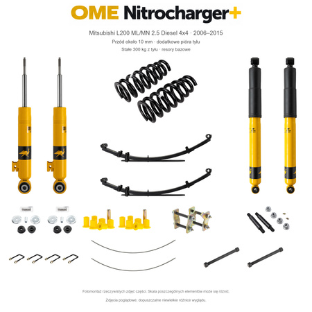 Zestaw OME Nitrocharger+ – Mitsubishi L200 ML/MN 2006–2015 2.5 Diesel, przód 10 mm, tył z dodatkowym piórem, stalowy zderzak, bazowe resory: stałe 300 kg z tyłu