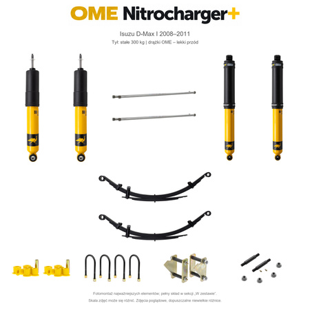 Zestaw zawieszenia OME Nitrocharger+ – Isuzu D-Max I 2008–2011, 30–50 mm, stałe 300 kg z tyłu, standardowe tłumienie, lekki przód z drążkami OME, smarowalne wieszaki i sworznie