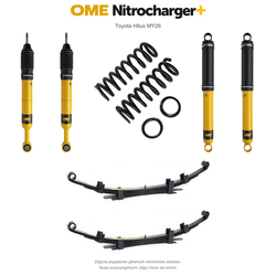 Zawieszenie OME Nitrocharger+ Toyota Hilux Travo MY26 40/50 mm – stałe 600 kg z tyłu, stalowy zderzak, także z wyciągarką, wielopiórowe – bez dystansu przewodów hamulcowych