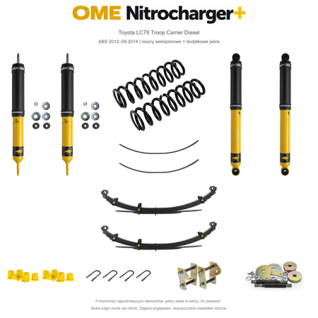 Zestaw zawieszenia OME Nitrocharger+ – Toyota LC78 Troop Carrier 4.5 V8 ABS 2012–09.2014, obciążony przód, stałe 600 kg tyłu, resory klasyczne, smarowalne mocowania, dodatkowe pióra