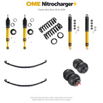 Zestaw zawieszenia OME Nitrocharger+ – Hilux Revo 2016–2025, 20–40/40 mm, różne obciążenia przodu, stałe 600 kg z tyłu, paraboliczne + poduszki, mocniejsze tłumienie przodu – bez dystansu przewodów hamulcowych