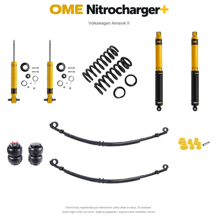 Zestaw zawieszenia OME Nitrocharger+ – Volkswagen Amarok II, 40/40 mm, stałe 300 kg z tyłu, resory paraboliczne z poduszkami, standardowe tłumienie przodu, czujnik świateł