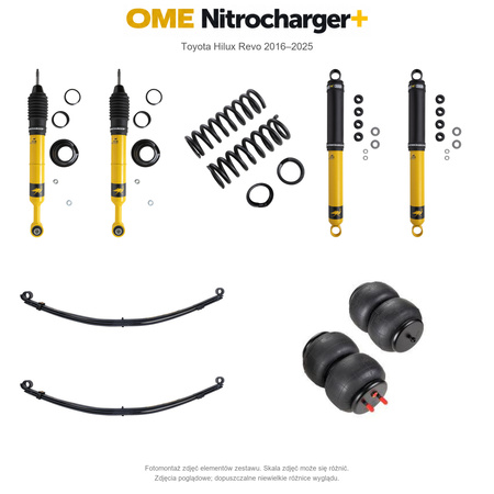 Zestaw zawieszenia OME Nitrocharger+ – Hilux Revo 2016–2025, 20/40 mm, lekki przód, stałe 600 kg z tyłu, paraboliczne + poduszki, mocniejsze tłumienie przodu