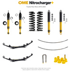 Zestaw zawieszenia OME Nitrocharger+ – Hilux Revo 2016–2025, 40/40 mm, duże dodatkowe obciążenie przodu, około 800 kg stałego obciążenia tyłu, z dodatkowym piórem – bez dystansu przewodów hamulcowych