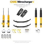 Zestaw OME Nitrocharger+ – Mitsubishi L200 MQ/MR 2015–2023, przód 25/tył 20 mm, stalowy zderzak, stałe 300 kg z tyłu; łagodniejsze tłumienie tyłu