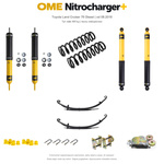 Zestaw zawieszenia OME Nitrocharger+ – Toyota Land Cruiser 76 Diesel od 08.2016, 50 mm, stałe 400 kg tyłu, stalowy zderzak lub zderzak z wyciągarką, resory wielopiórowe, smarowalne wieszaki i sworznie