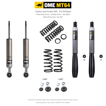 Zestaw OME MT64 – Toyota Land Cruiser 200 2007–2021 4.5 Diesel, przód 25/tył 20 mm, bez KDSS, stałe 200 kg z tyłu; przód mocniejsze; tył mocniejsze
