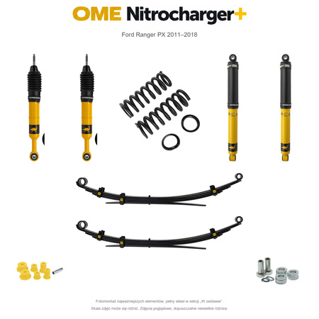 Zestaw zawieszenia OME Nitrocharger+ – Ford Ranger PX 2011–2018, 50/40 mm, średnie obciążenie tyłu, standardowe tłumienie przodu, standardowe tłumienie tyłu