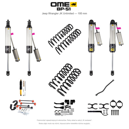 Zestaw zawieszenia OME BP-51 – Jeep Wrangler JK Unlimited 2.8 Diesel 2006–2017 RHD, 100 mm, stałe 300 kg z tyłu, terenowy