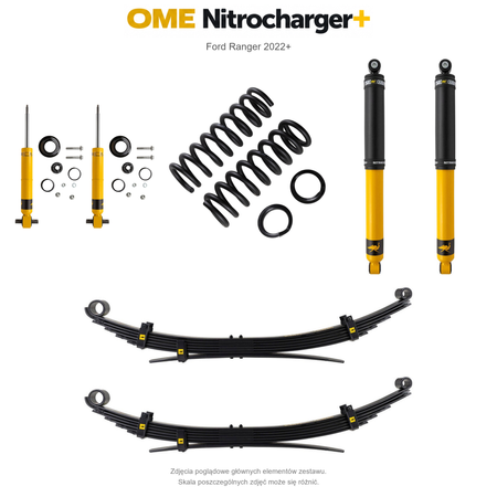 Zestaw zawieszenia OME Nitrocharger+ – Ford Ranger PHEV 2025+, lift 20–40/45–50 mm, stałe 300 kg z tyłu, resory wielopiórowe