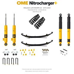 Zestaw OME Nitrocharger+ – Mitsubishi L200 MQ/MR 2015–2023, przód 25/tył 20 mm, fabryczny przód bez stalowego zderzaka, stałe 600 kg z tyłu