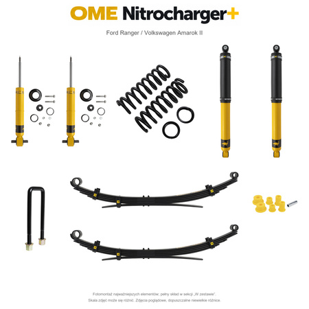 Zestaw zawieszenia OME Nitrocharger+ – Ford Ranger 2022+, lift 20/40 mm, stałe 300 kg z tyłu, resory wielopiórowe, mocniejsze tłumienie tyłu / Volkswagen Amarok II