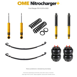 Zestaw zawieszenia OME Nitrocharger+ – Ford Ranger PX III 2019–2022, 30/40 mm, średnie obciążenie tyłu, mocniejsze tłumienie przodu, standardowe tłumienie tyłu, resory paraboliczne