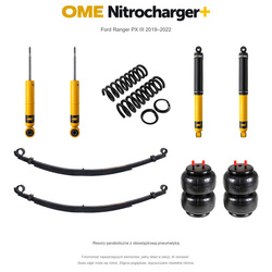 Zestaw zawieszenia OME Nitrocharger+ – Ford Ranger PX III 2019–2022, 30/40 mm, stałe 600 kg z tyłu, standardowe tłumienie przodu, standardowe tłumienie tyłu, resory paraboliczne