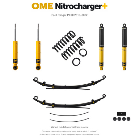 Zestaw zawieszenia OME Nitrocharger+ – Ford Ranger PX III 2019–2022, przód 45 mm, tył z dodatkowymi piórami, średnie obciążenie tyłu, standardowe tłumienie przodu, standardowe tłumienie tyłu