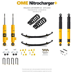 Zestaw OME Nitrocharger+ – Mitsubishi L200 MQ/MR 2015–2023, przód 25/tył 20 mm, zderzak, wyciągarka i dodatkowe akcesoria, stałe 600 kg z tyłu