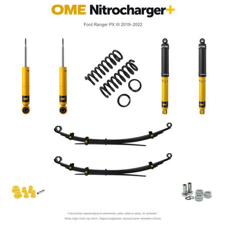 Zestaw zawieszenia OME Nitrocharger+ – Ford Ranger PX III 2019–2022, 45/40 mm, średnie obciążenie tyłu, mocniejsze tłumienie przodu, standardowe tłumienie tyłu