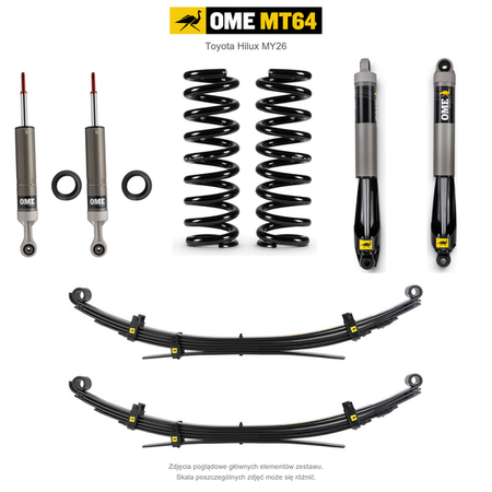 Zawieszenie OME MT64 Toyota Hilux Travo MY26 40/50 mm – stałe 300 kg z tyłu, zderzak, wyciągarka i dodatkowy osprzęt, wielopiórowe / mocniejsze tłumienie przodu – bez dystansu przewodów hamulcowych