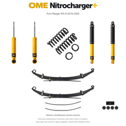 Zestaw zawieszenia OME Nitrocharger+ – Ford Ranger PX III 2019–2022, przód 45 mm, tył z dodatkowymi piórami, stałe 600 kg z tyłu, standardowe tłumienie przodu, standardowe tłumienie tyłu