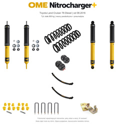 Zestaw zawieszenia OME Nitrocharger+ – Toyota Land Cruiser 76 Diesel od 08.2016, 50 mm, stałe 800 kg tyłu, bez ciężkiego wyposażenia przodu, resory paraboliczne, fabryczne wieszaki, standardowe tłumienie tyłu